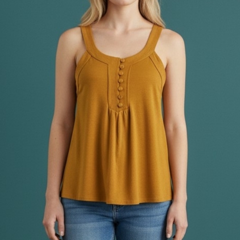 Vtg TWENTYONE Mustard Yellow Sleeveless Scoop Neck Tank Blouse